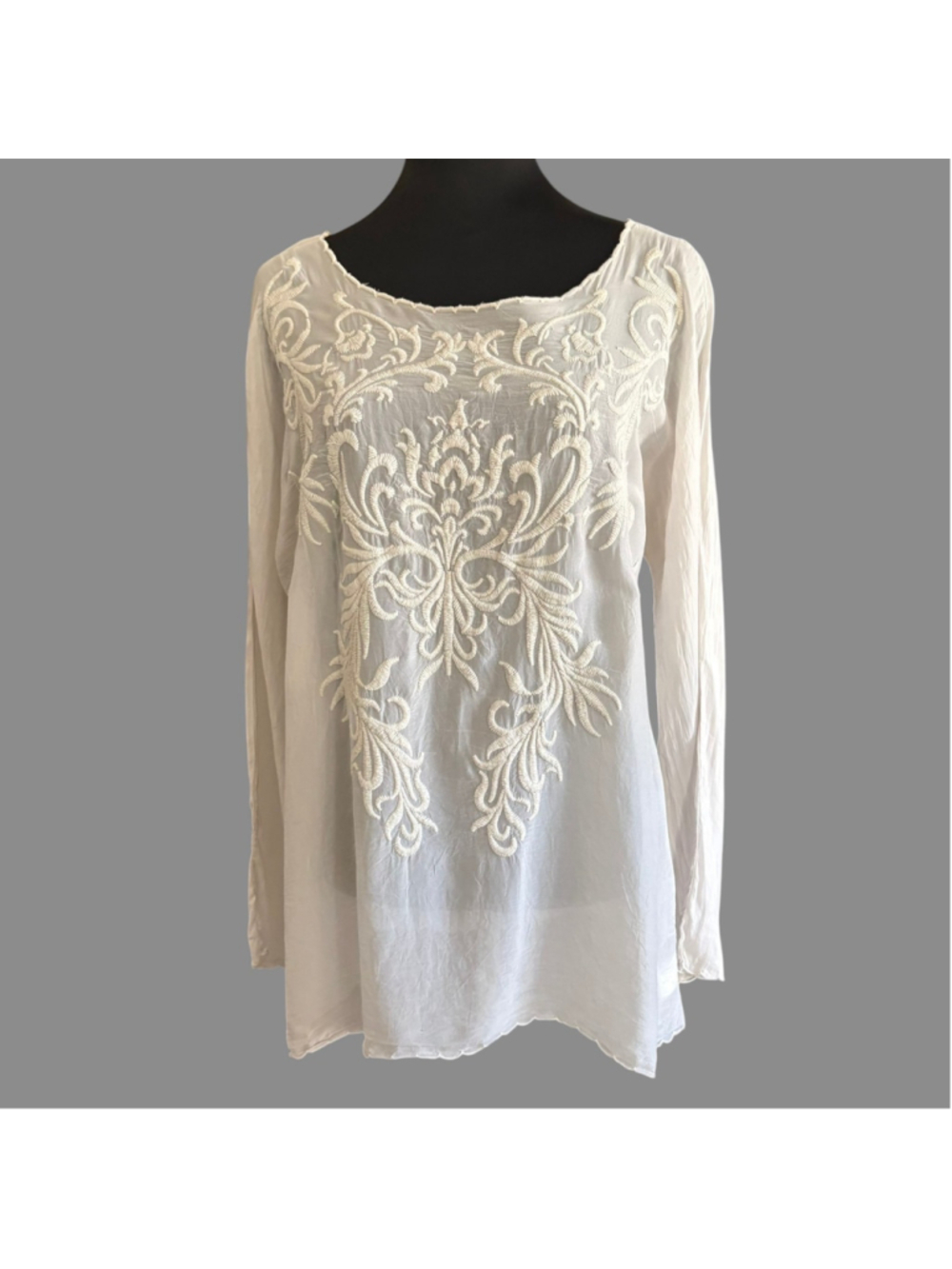 Vintage 90s Johnny Was Sheer Embroidered Blouse Mushroom Taupe Size M